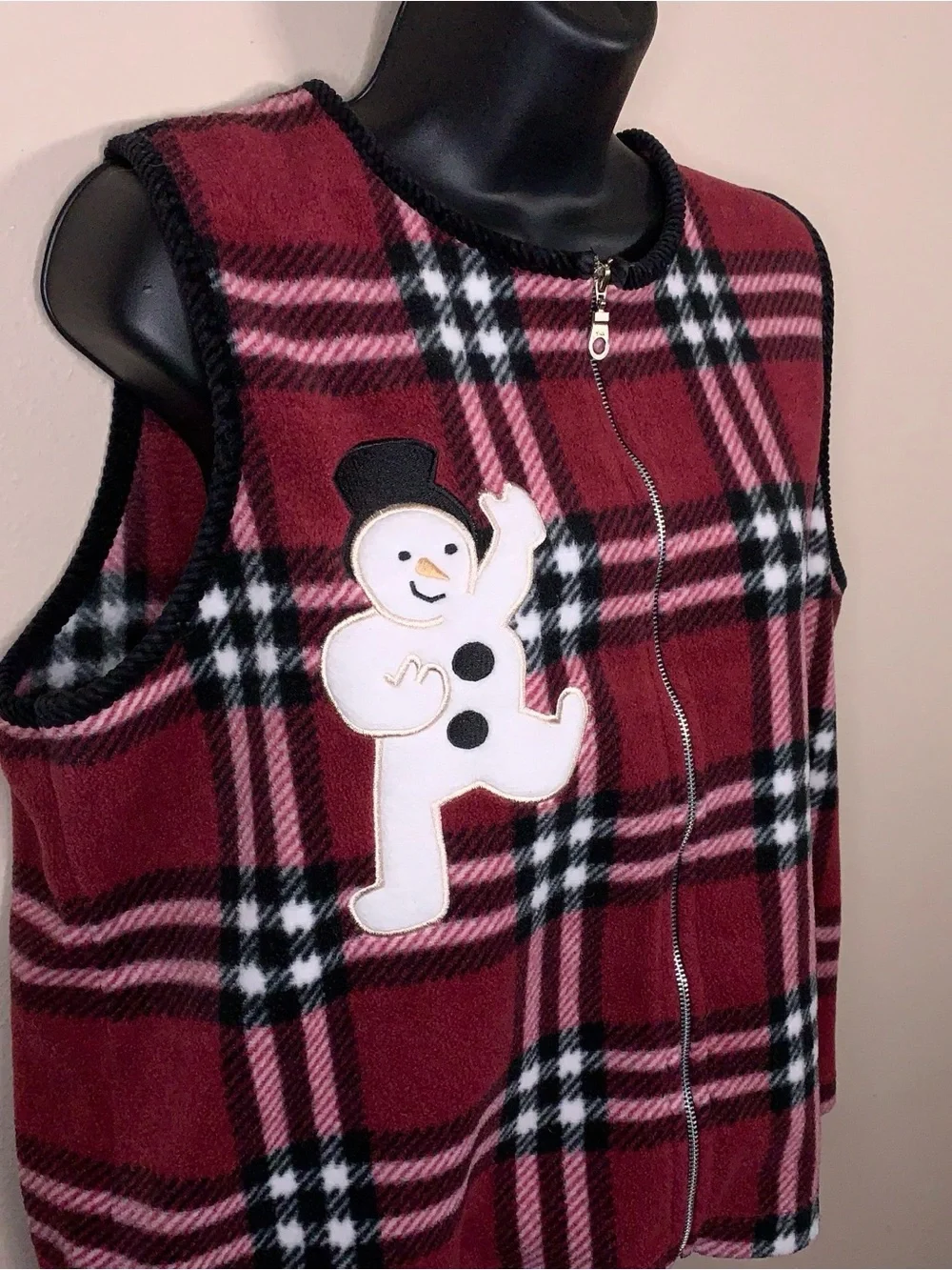 Medium Christopher And Banks Christmas Holiday Fleece Vest Plaid Snowman Plaid